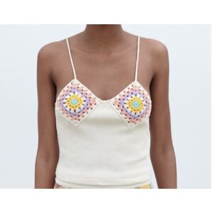 Zara Crochet Granny Square Ribbed Crop Tank Top Cream‎ Purple Size Medium Large